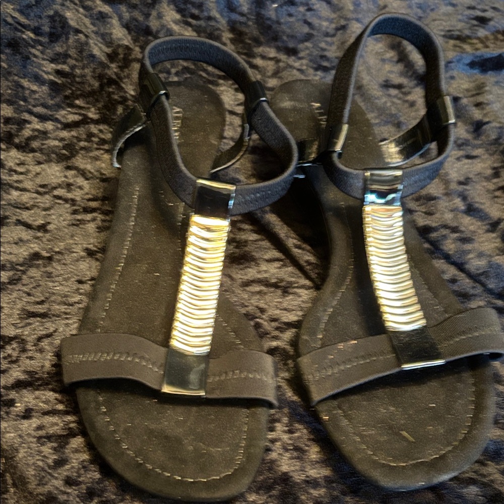 Black T-Strap Sandals with Gold Coil Detail